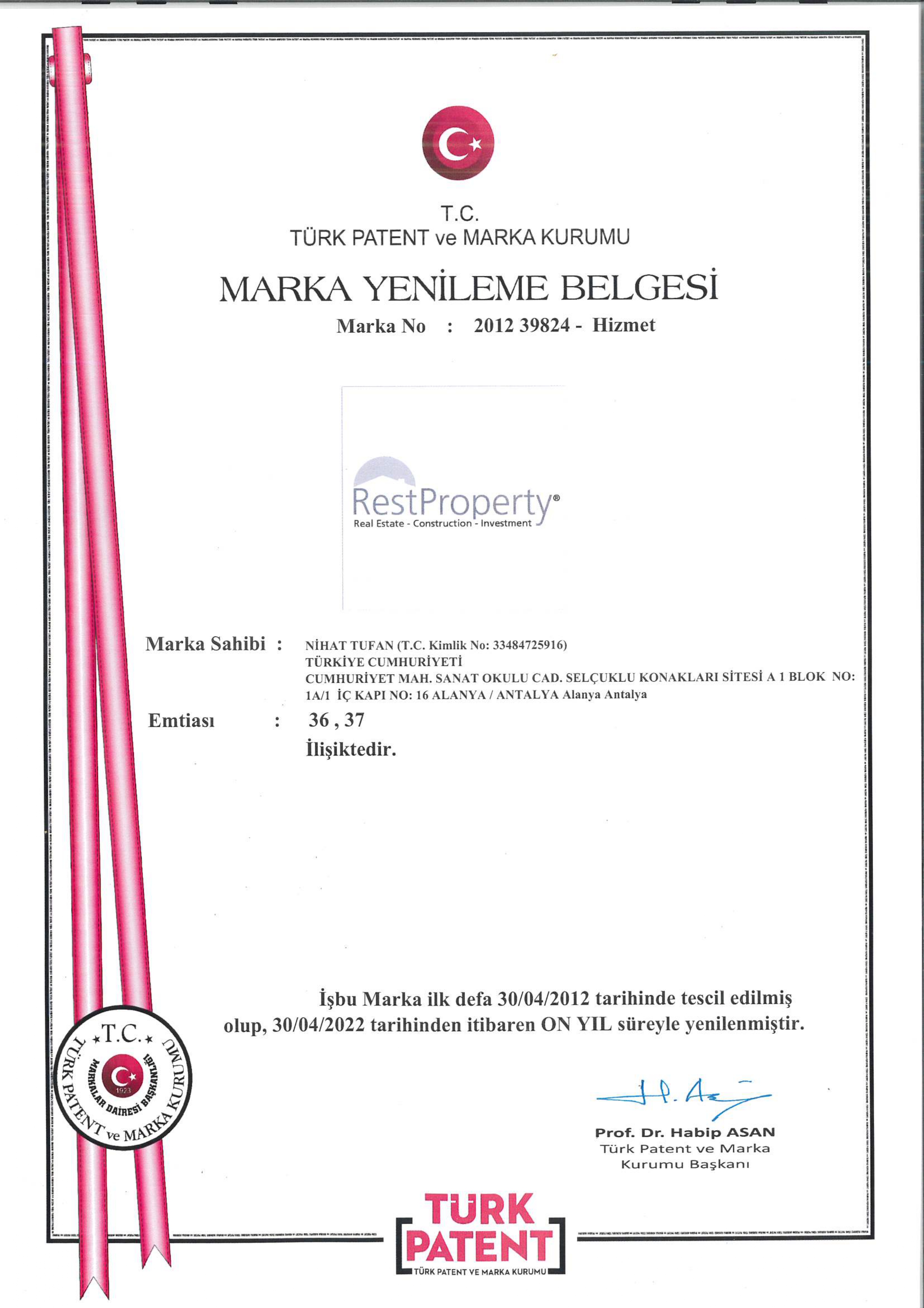 Official Marka Yenileme Belgesi Certificate