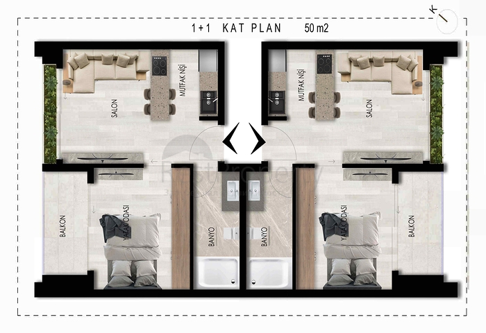 Квартира планування 1 + 1 в районі Алтинташ - Анталія 