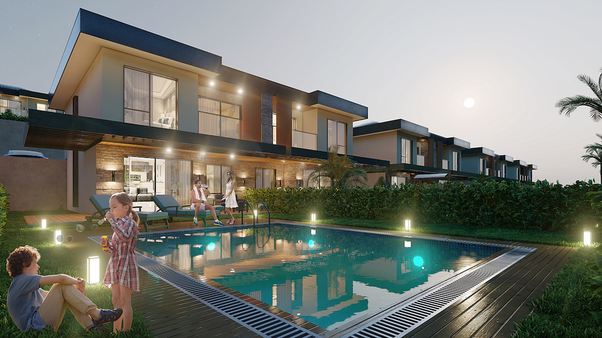 Вілли 3+1 і 4 + 1 в еко комплексі в оточенні хвойного лісу в районі Дортепе на східній частині Бодрума.